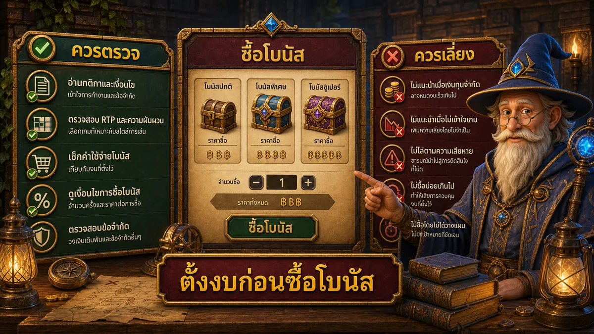 ภาพเช็กลิสต์ก่อนซื้อ Bonus Buy ในเกมสล็อตอย่างรับผิดชอบ