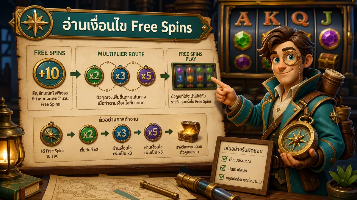 ภาพอธิบายการอ่านเงื่อนไข Free Spins และเส้นทางตัวคูณในเกมสล็อตอย่างรับผิดชอบ