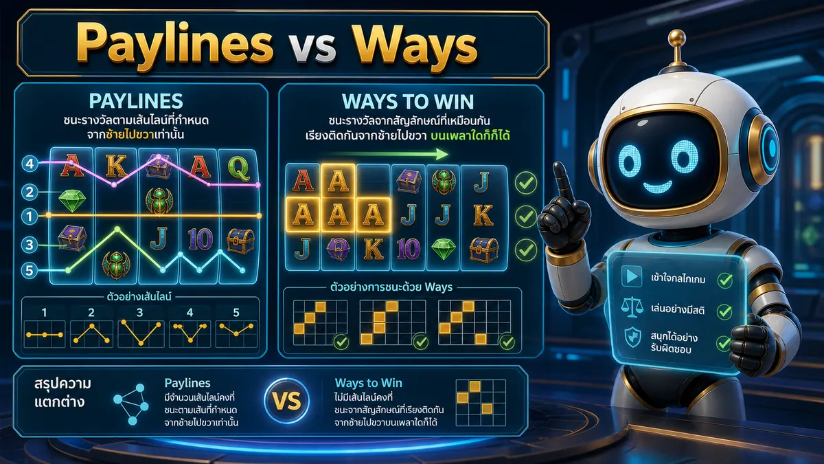 ภาพเปรียบเทียบ Paylines กับ Ways to Win ในเกมสล็อต พร้อมตัวอย่างเส้นจ่ายและช่องสัญลักษณ์ที่ชนะ