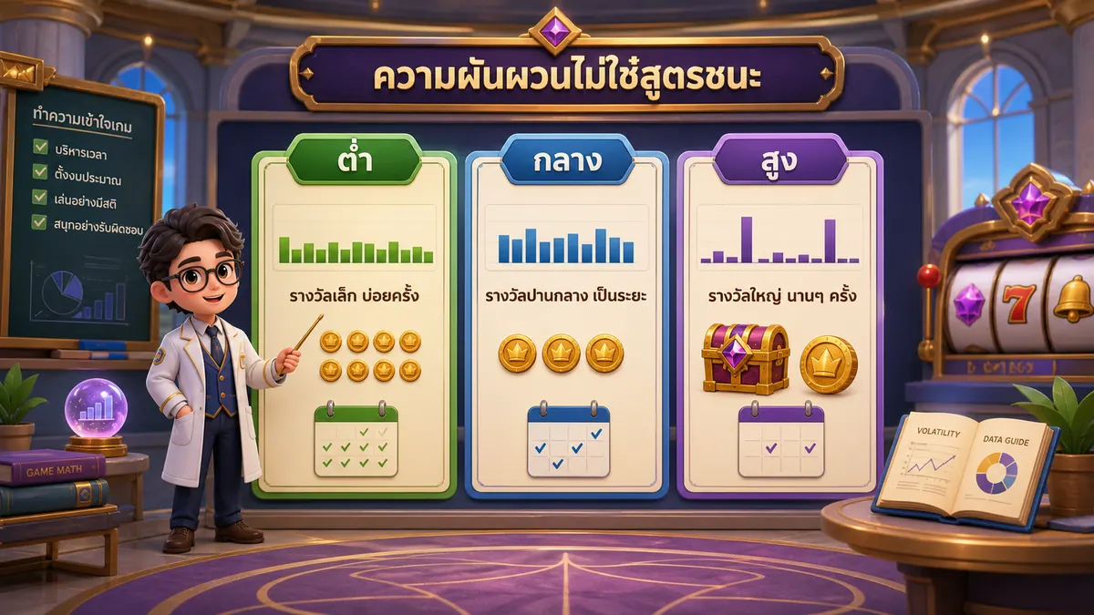 ภาพอธิบายความผันผวนต่ำ กลาง สูงในเกมสล็อต โดยเน้นว่าไม่ใช่สูตรชนะ