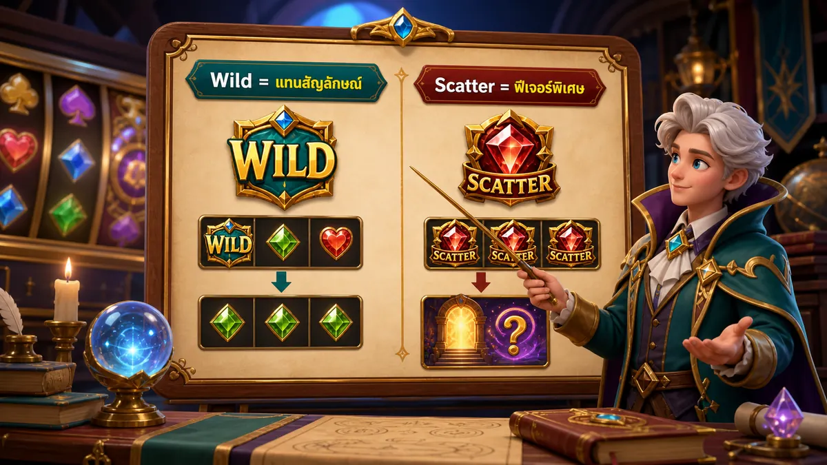 ภาพเปรียบเทียบ Wild แทนสัญลักษณ์และ Scatter เปิดฟีเจอร์พิเศษในเกมสล็อต