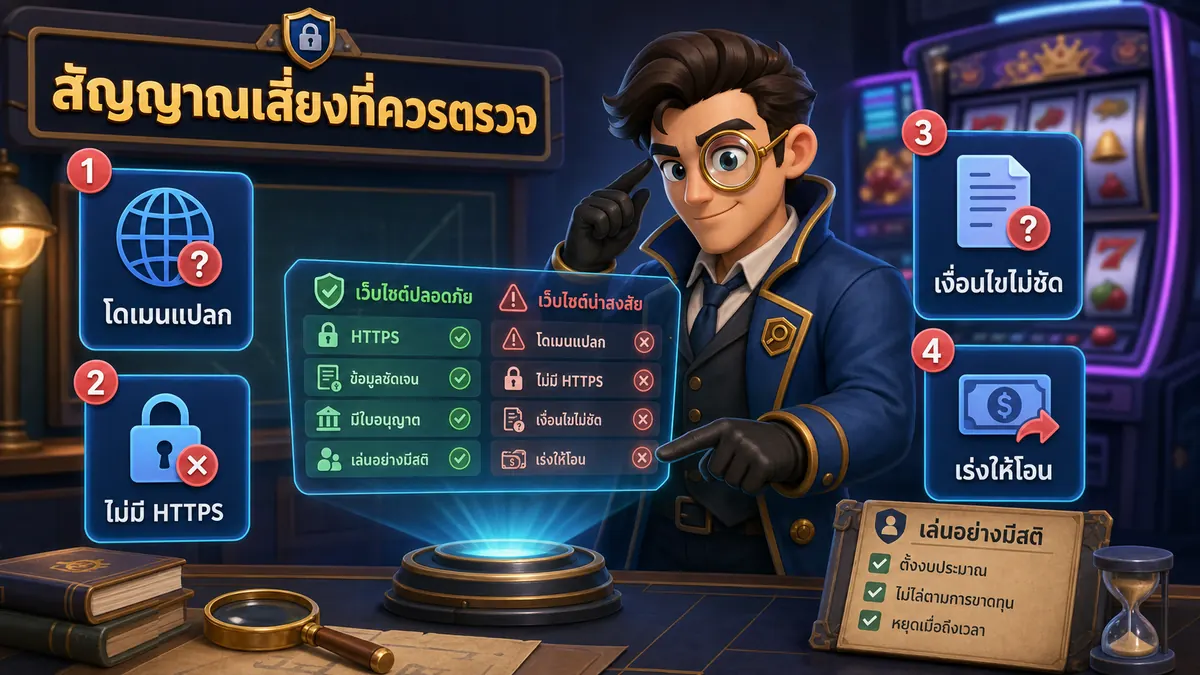 เช็กลิสต์สัญญาณเสี่ยงของเว็บสล็อตปลอม เช่น โดเมนแปลก ไม่มี HTTPS และเร่งให้โอน