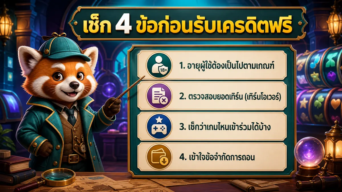 เช็กลิสต์ 4 ข้อก่อนรับเครดิตฟรี ได้แก่ อายุผู้ใช้ ยอดเทิร์น เกมที่ร่วมรายการ และข้อจำกัดการถอน