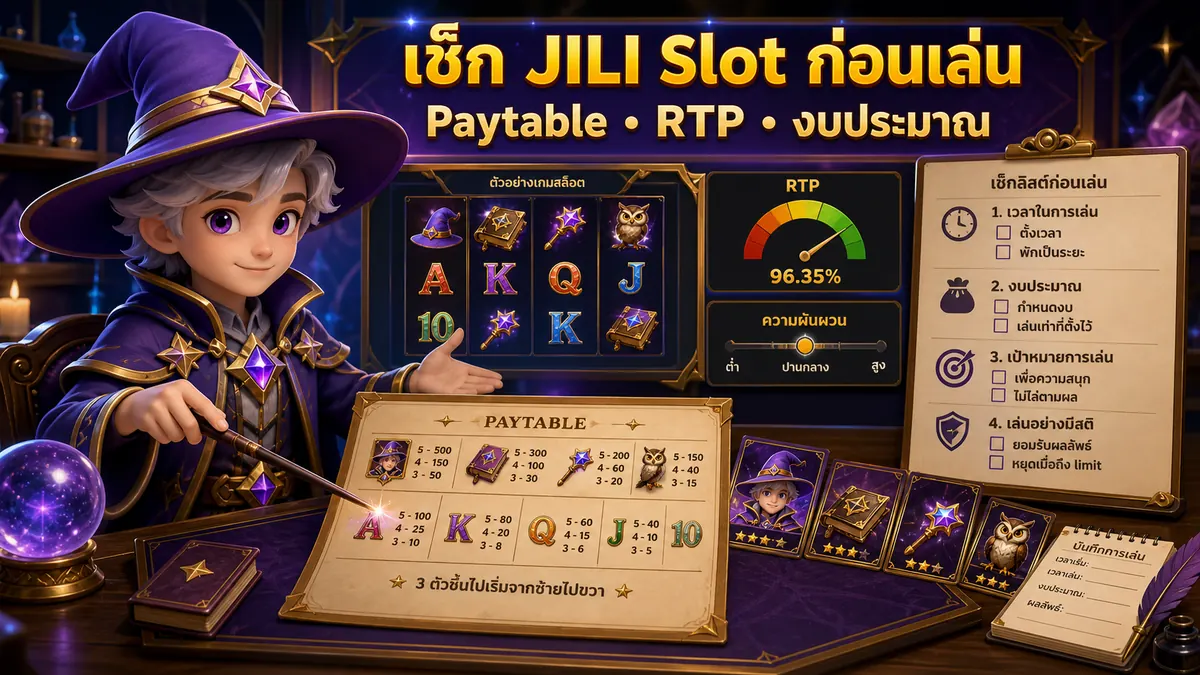 ภาพเช็กลิสต์ JILI Slot ก่อนเล่น พร้อม paytable RTP ความผันผวน งบประมาณ และเวลาเล่น