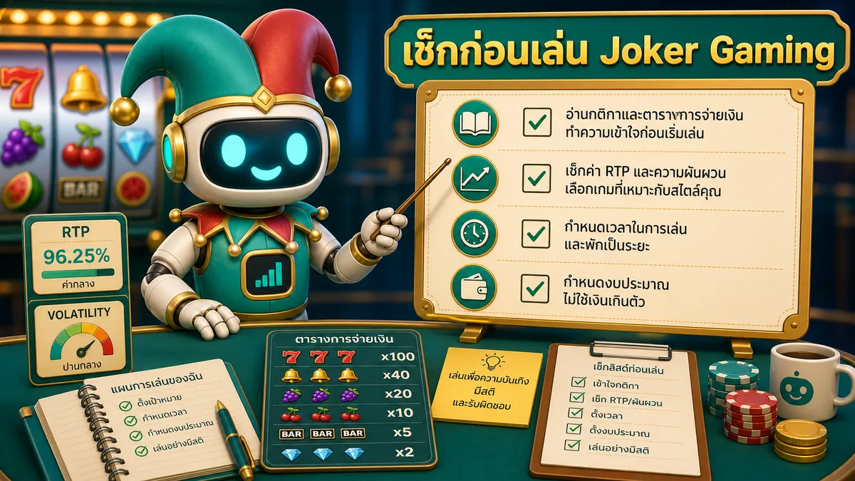 ภาพเช็กลิสต์ก่อนเล่น Joker Gaming พร้อมข้อมูล RTP ความผันผวน งบประมาณ และเวลาเล่น