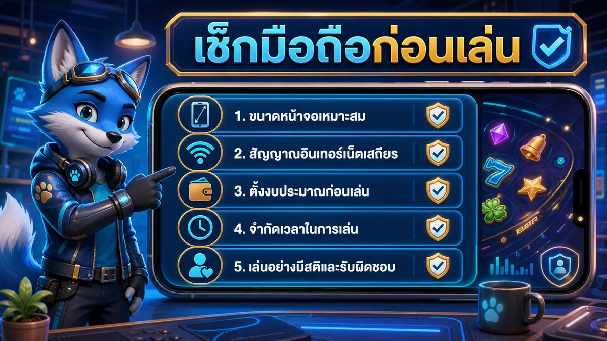 ภาพจิ้งจอกวิศวกรมือถืออธิบายเช็กลิสต์ก่อนเล่นสล็อตบนมือถือ