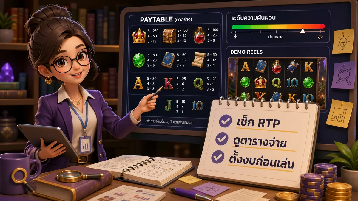ภาพเช็กลิสต์ก่อนดูเกม Pragmatic Play พร้อมตารางจ่าย RTP และคำแนะนำตั้งงบก่อนเล่น