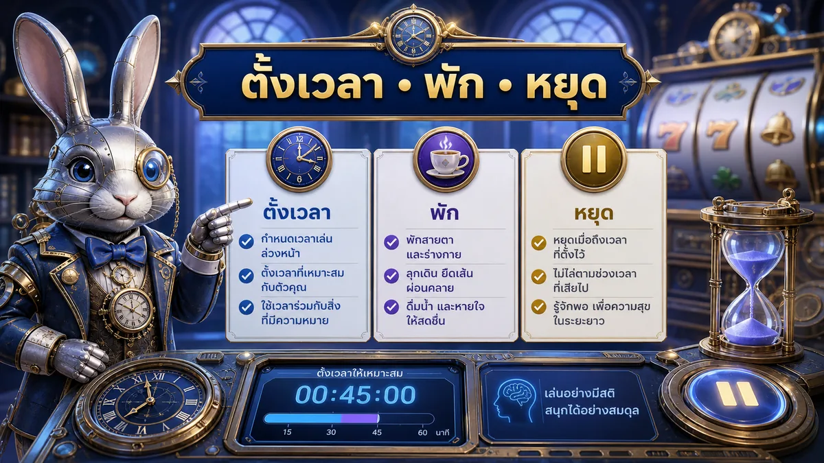 ภาพกระต่ายนาฬิกาอธิบายการตั้งเวลา พัก และหยุดเล่นสล็อต